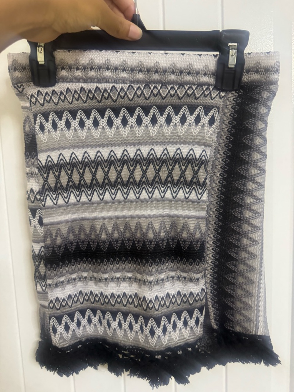 Black & Gray Patterned Mini Skirt with Fringe